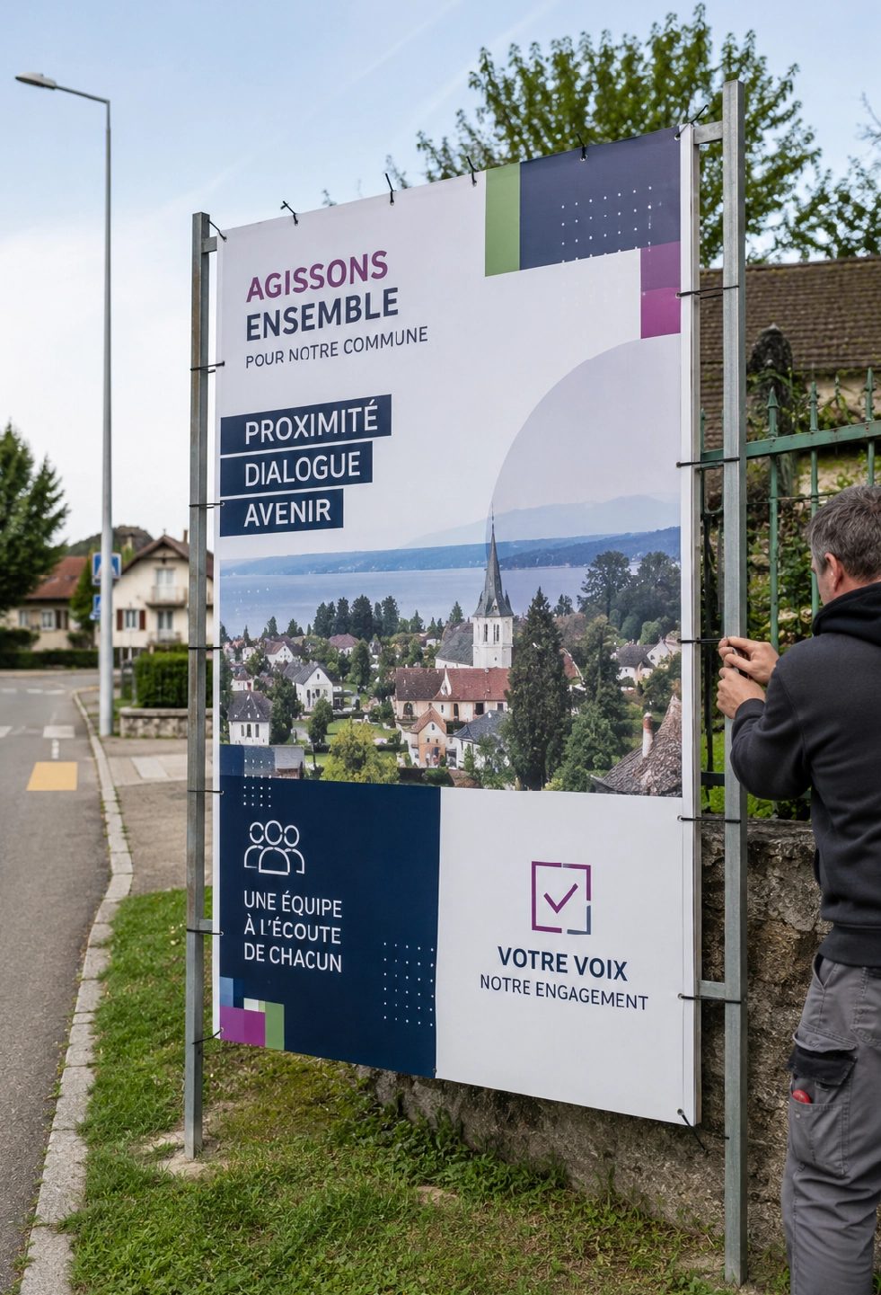 Affiche EcoPrint Ackipac grand format installée pour une campagne électorale communale fictive.