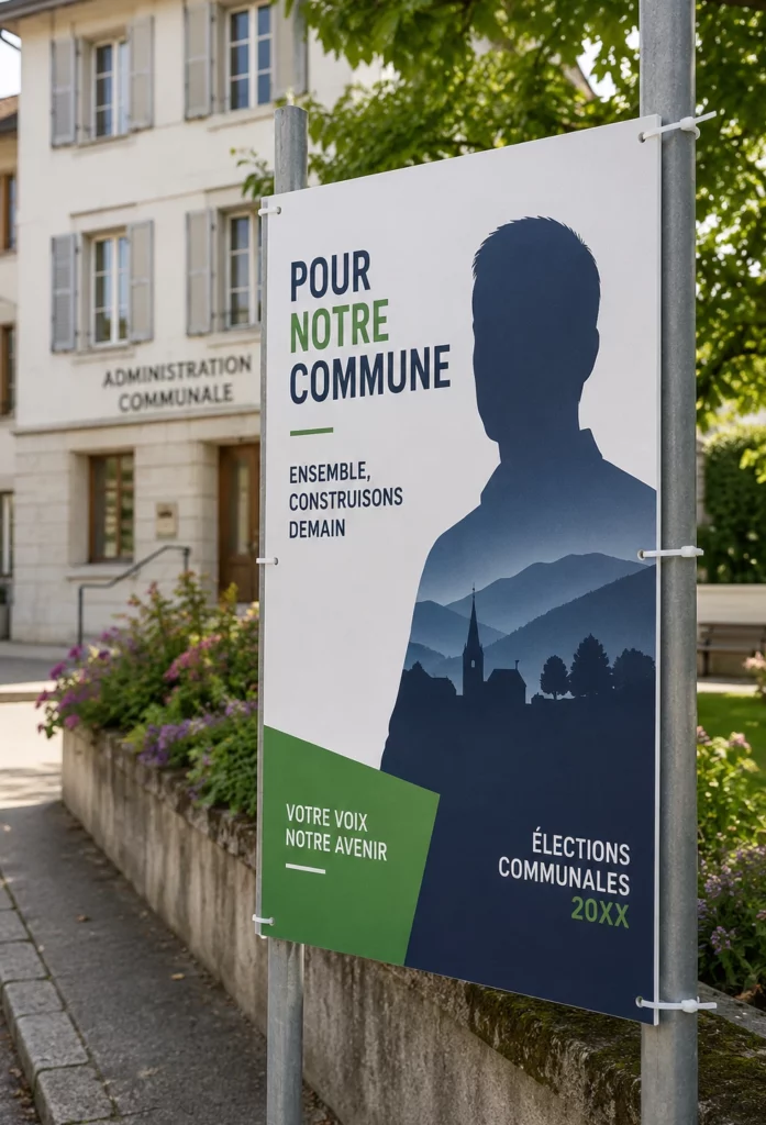 Affiche électorale en carton imprimé installée sur un panneau temporaire dans une commune suisse fictive.