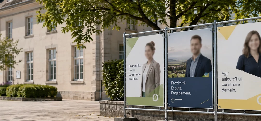 Affiches électorales en carton fixées sur une structure temporaire dans une commune suisse fictive.