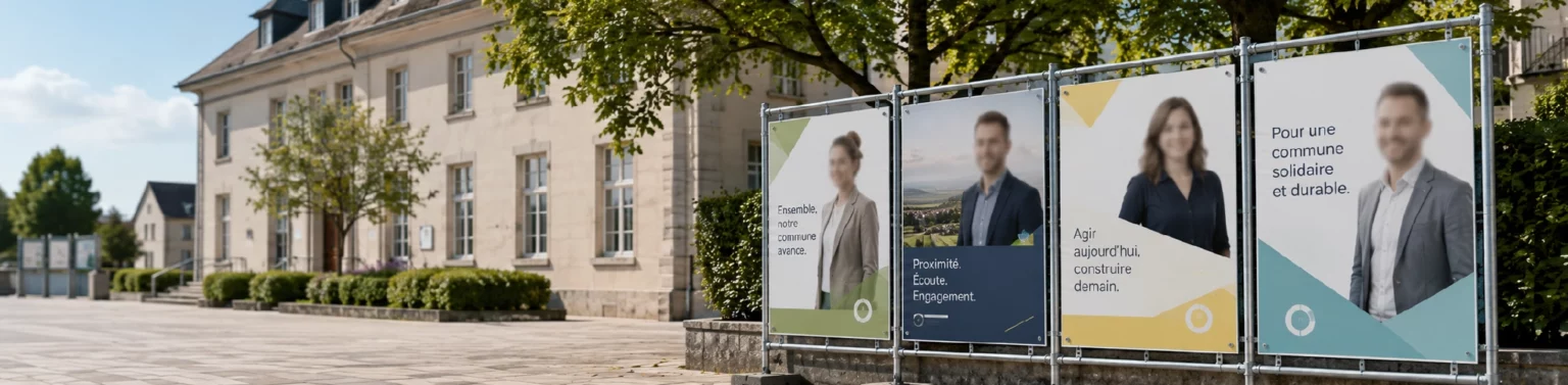 Affiches électorales en carton fixées sur une structure temporaire dans une commune suisse fictive.