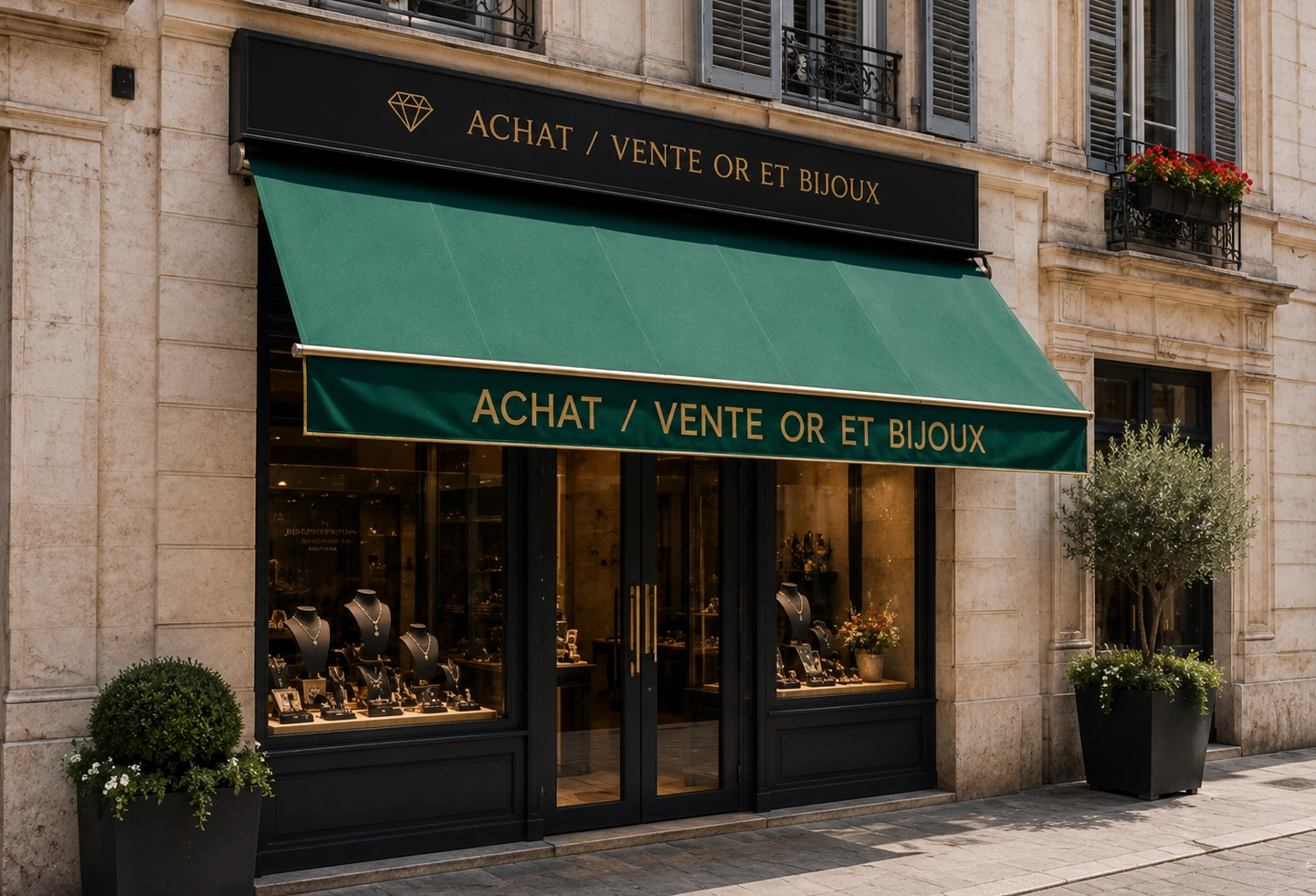 Exemple de store personnalisé installé sur une façade commerciale.