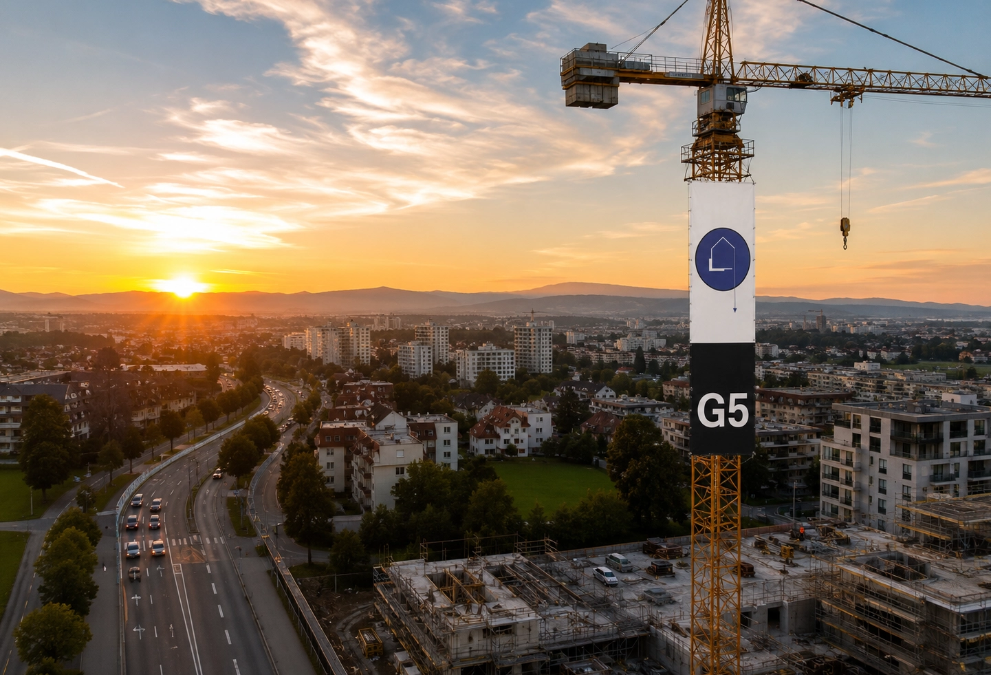 Banderole publicitaire grand format installée sur une grue de chantier immobilier.