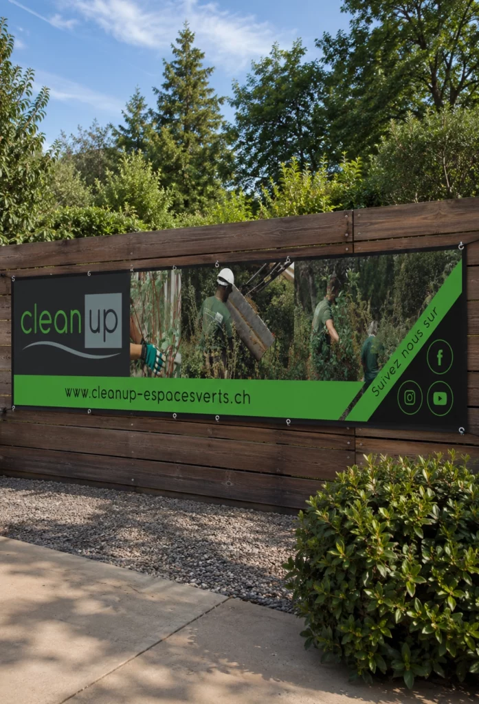 Banderole publicitaire grand format Clean Up avec impression de photos de travaux paysagers et large bande verte avec site internet.