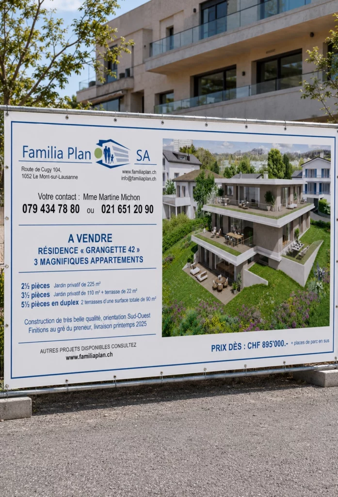 Banderole publicitaire installée sur une barrière Heras autour d’un chantier.
