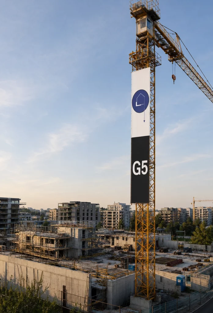Banderole publicitaire grand format installée sur une grue de chantier immobilier.