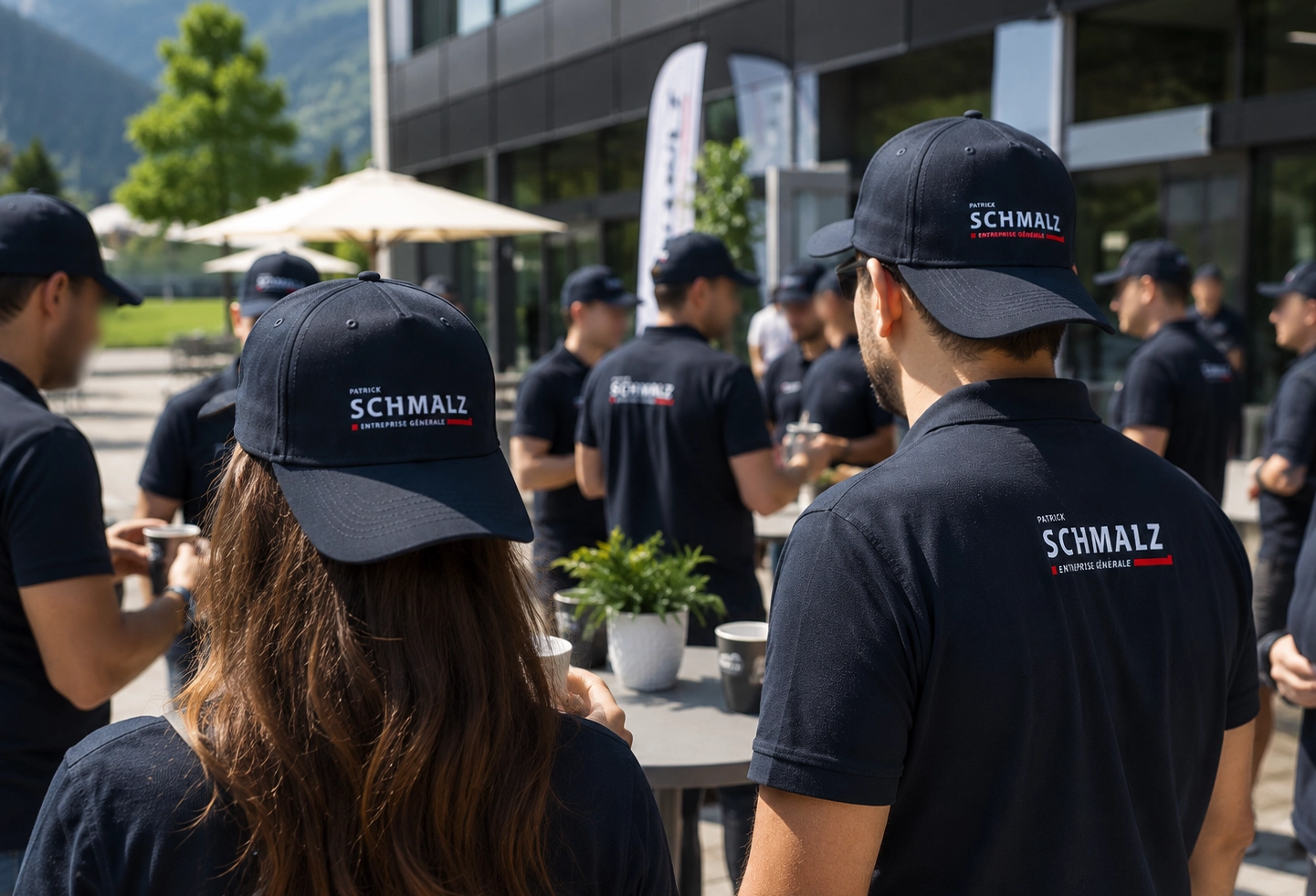 Casquette personnalisée avec logo d’entreprise présentée dans un environnement professionnel moderne en Suisse romande.