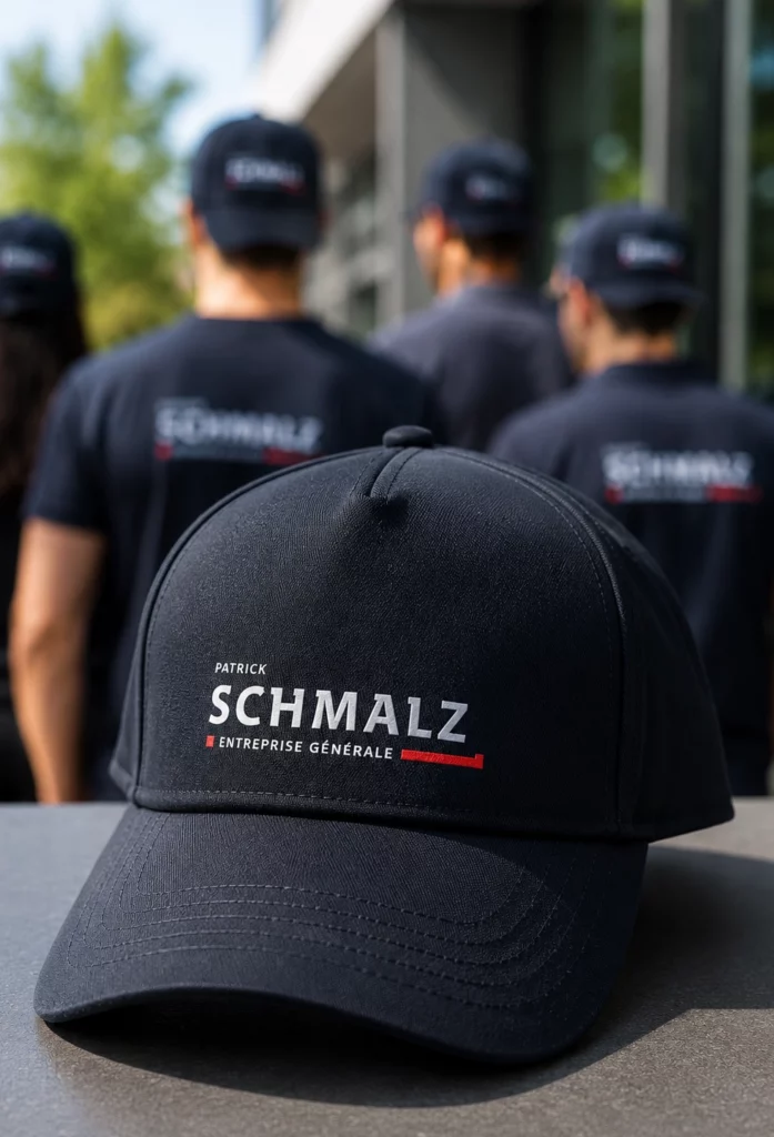 Gros plan sur le marquage textile d’une casquette personnalisée avec logo imprimé.