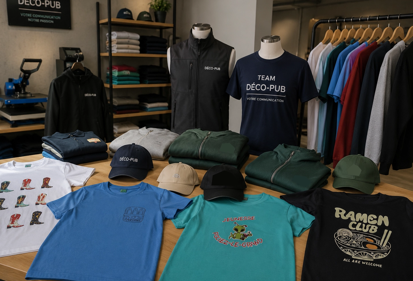Collection de textiles personnalisés comprenant t-shirts, vestes et casquettes.