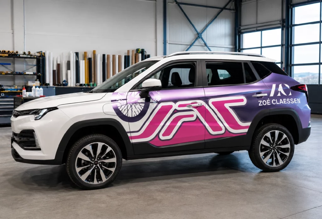 SUV avec covering automobile haut de gamme dans un atelier professionnel Déco-Pub.