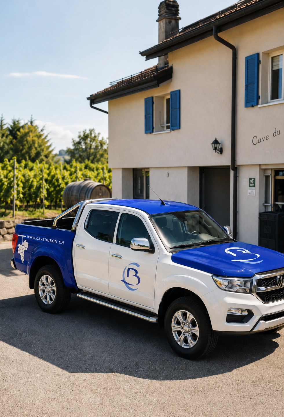 Voiture professionnelle avec covering partiel bleu et blanc devant un bâtiment d’entreprise.