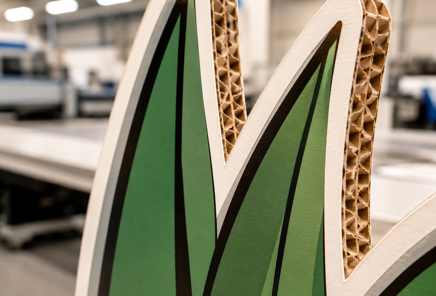 Détail de découpe CNC sur décor en carton imprimé.