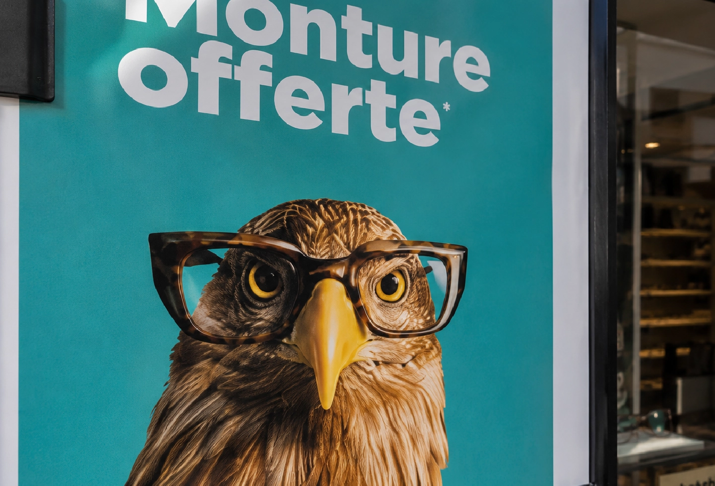 Détail d’un adhésif promotionnel appliqué sur une vitrine commerciale.