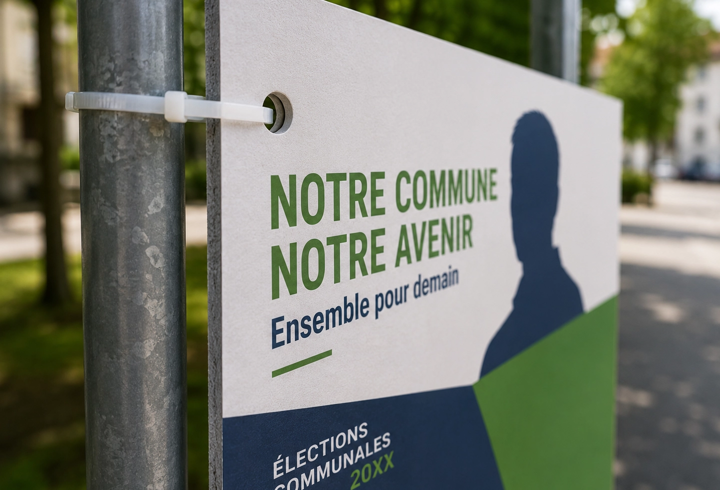 Détail d’une affiche électorale en carton avec perforations et attaches de fixation.