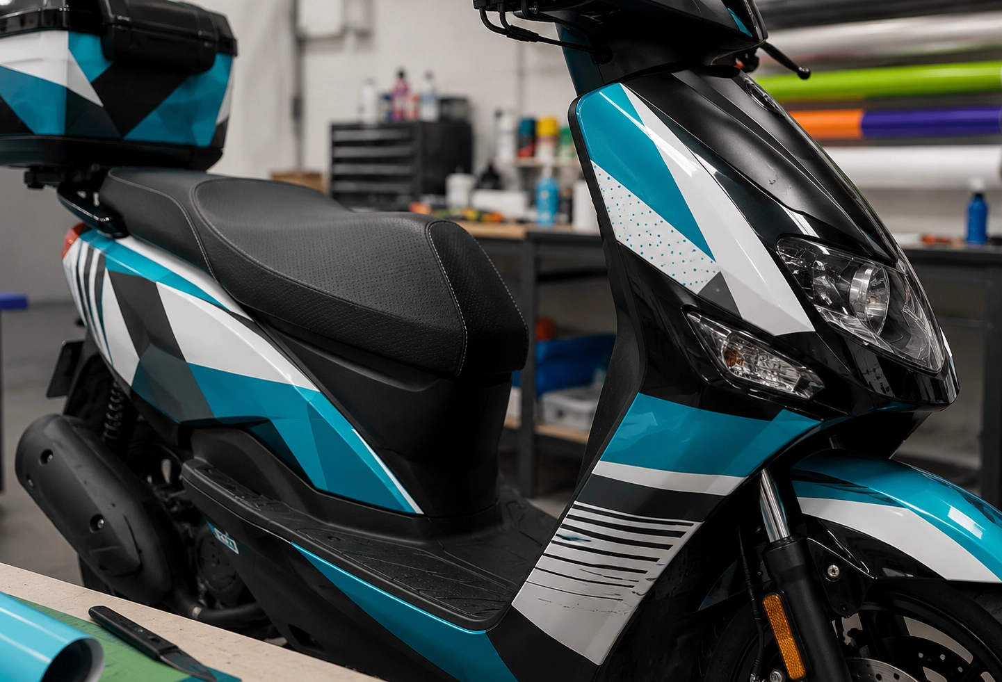Détail d’un film imprimé posé sur le flanc d’un scooter publicitaire.