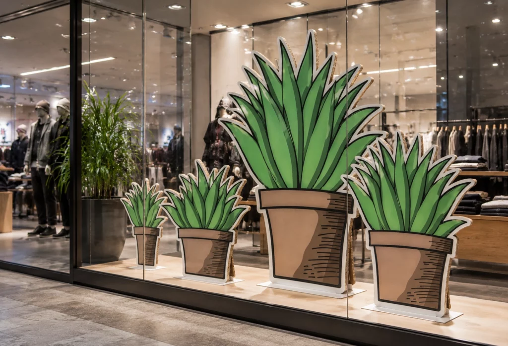 Décors en carton personnalisés intégrés dans un stand événementiel.