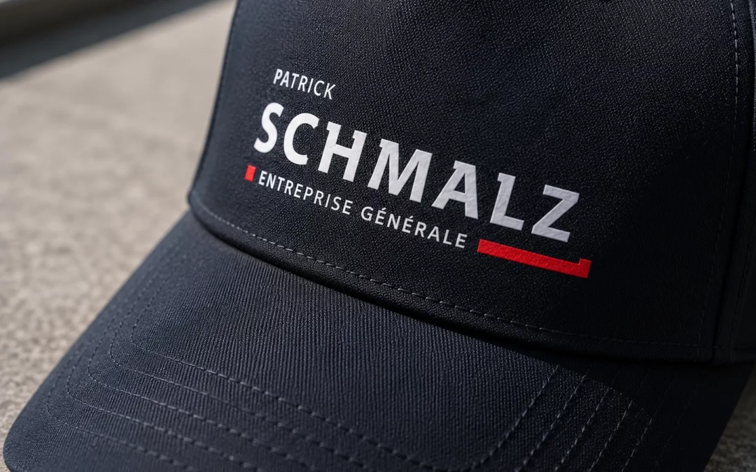 Gros plan sur le marquage textile d’une casquette personnalisée avec logo imprimé.