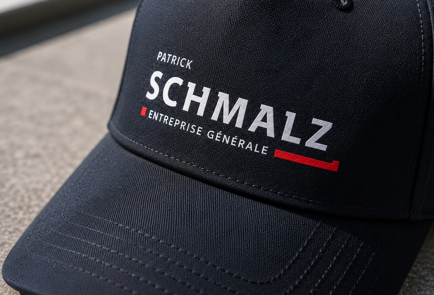 Gros plan sur le marquage textile d’une casquette personnalisée avec logo imprimé.