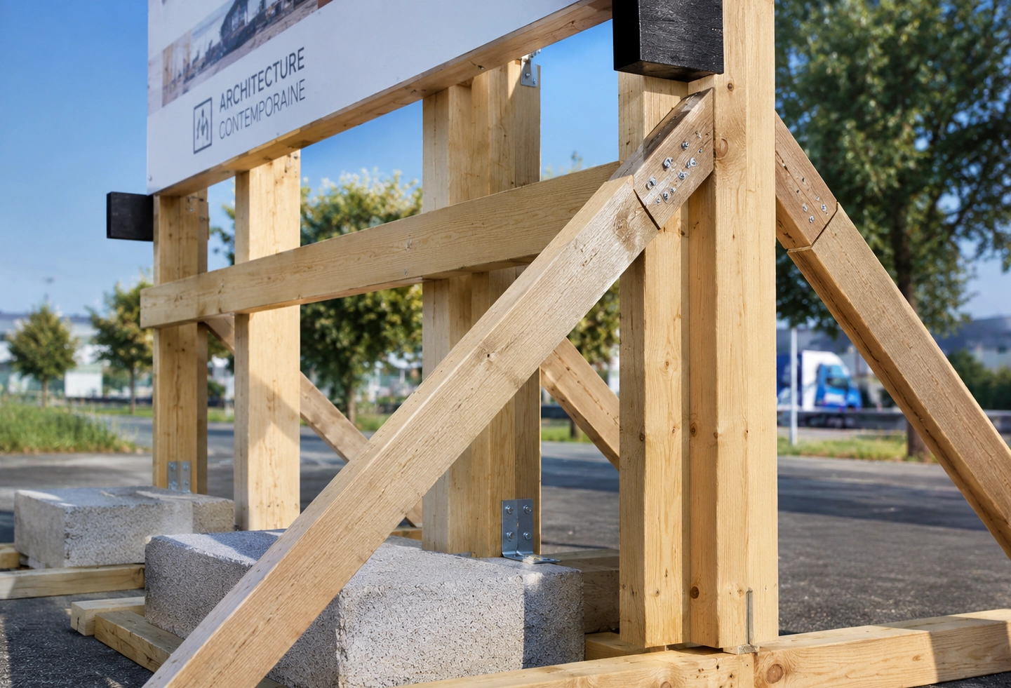 Panneau immobilier grand format installé sur une structure en bois extérieure.