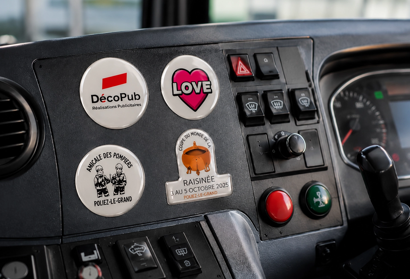 Domings personnalisés utilisés comme badges et marquages dans un véhicule.