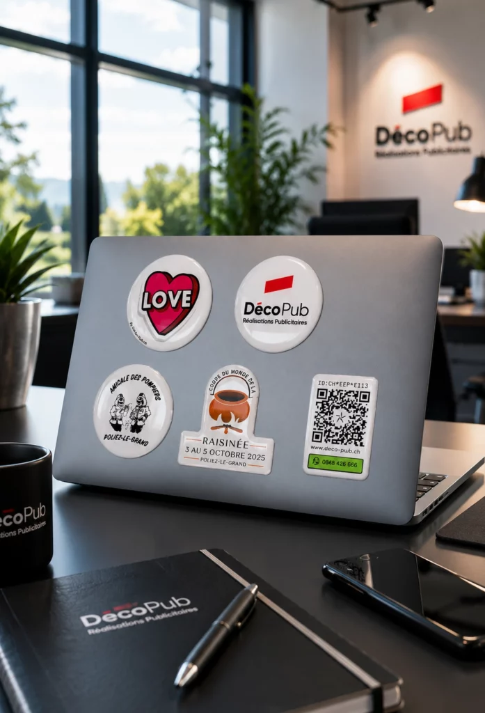 Domings personnalisés appliqués sur un ordinateur portable dans un bureau professionnel.