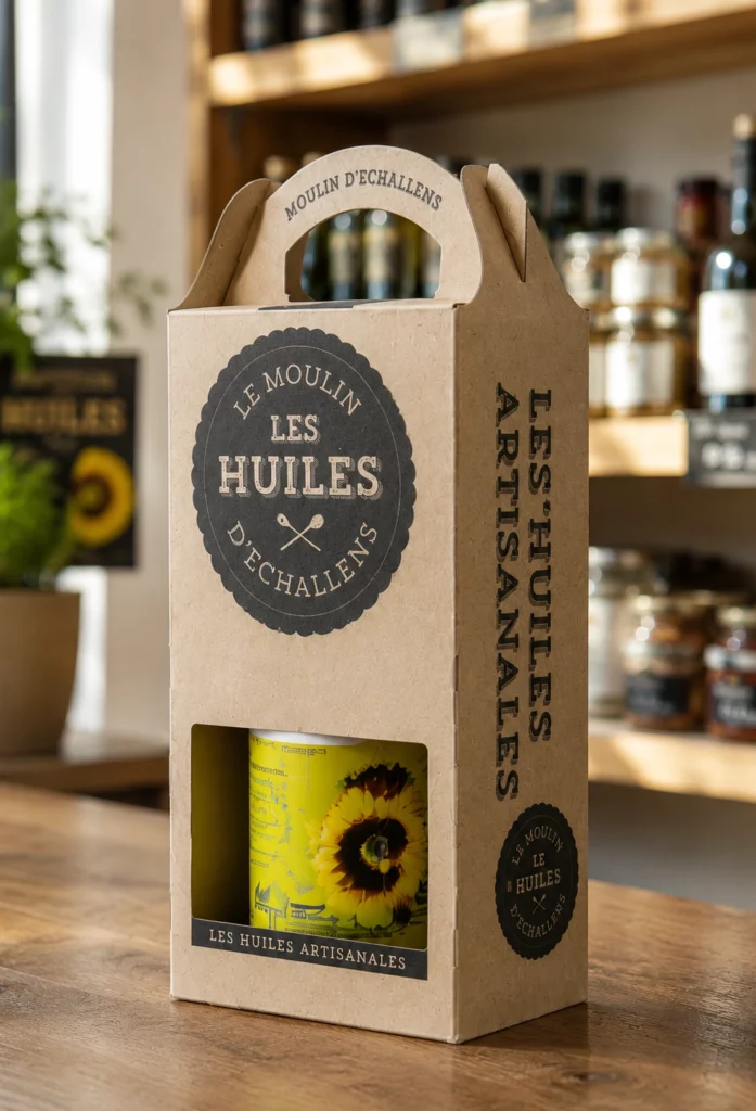Emballage carton personnalisé avec poignée pour bouteille présenté dans une boutique artisanale.