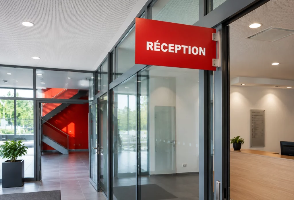 Plaque signalétique installée dans un hall d'accueil pour identifier la réception d'un bâtiment professionnel.
