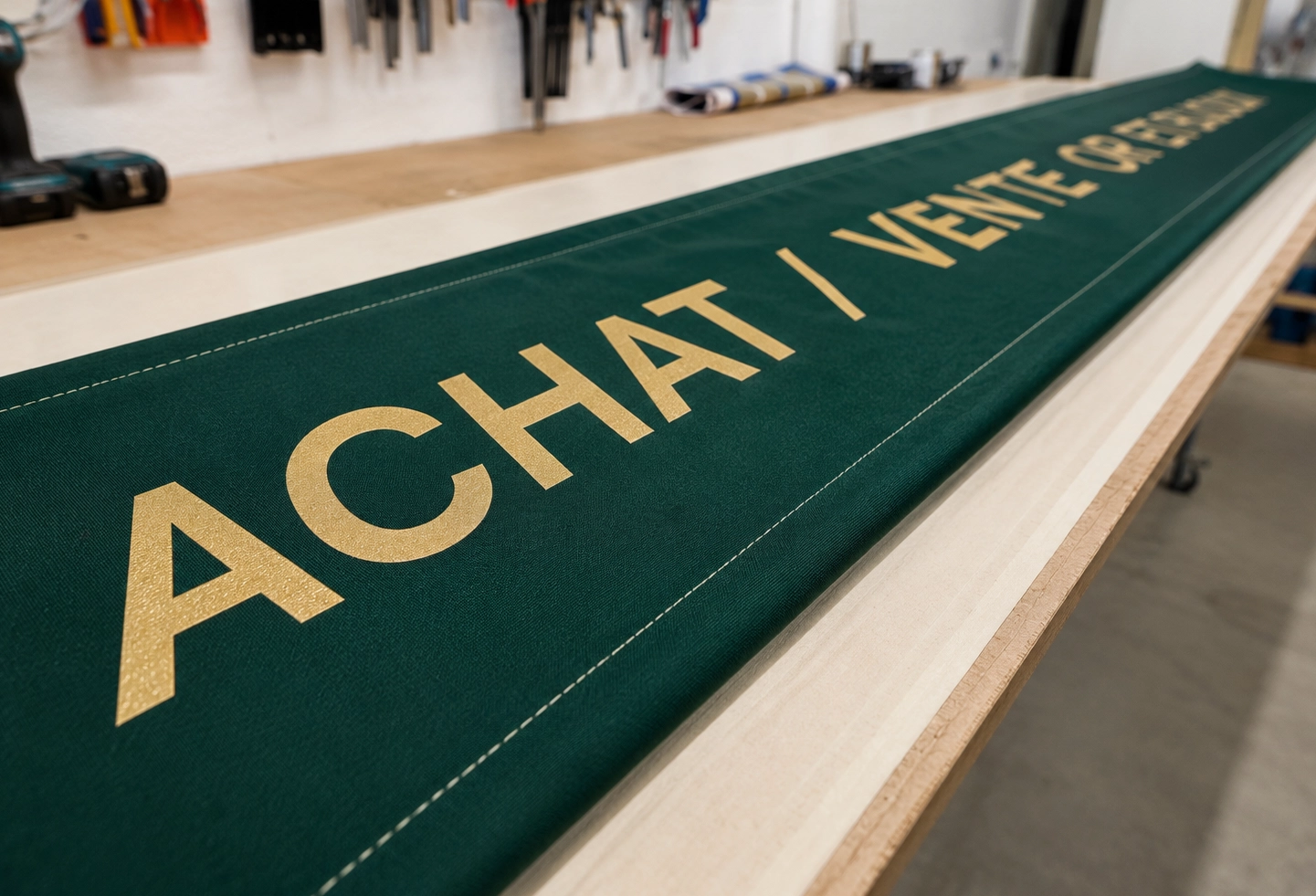 Détail d’un store personnalisé en fabrication avec lettrage et finitions soignées.