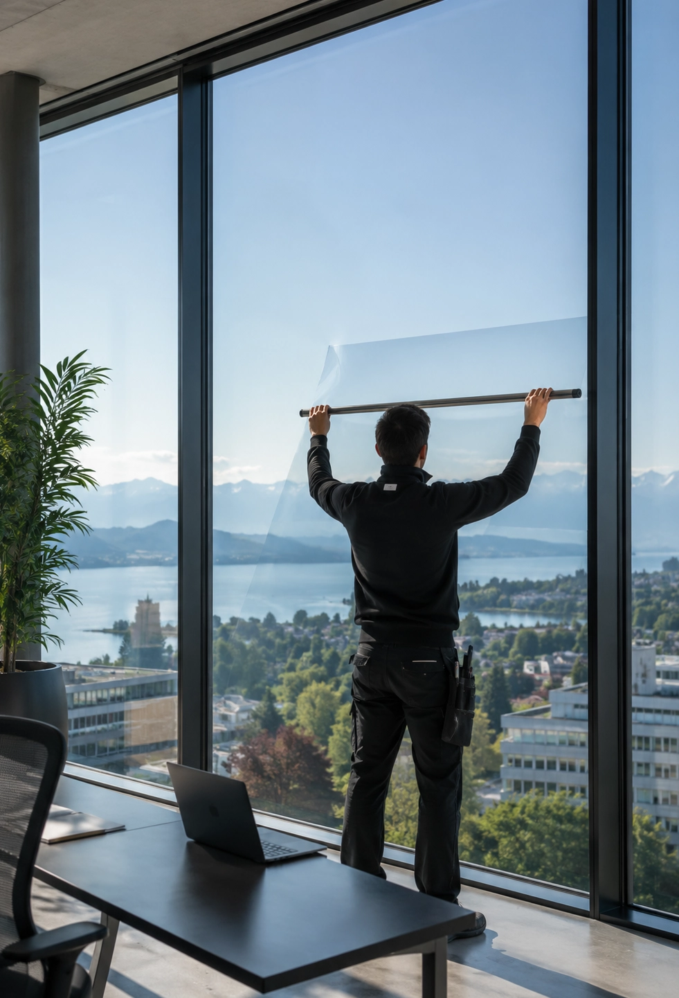 Fenêtre de bureau équipée d’un film solaire anti-UV discret pour améliorer le confort intérieur.