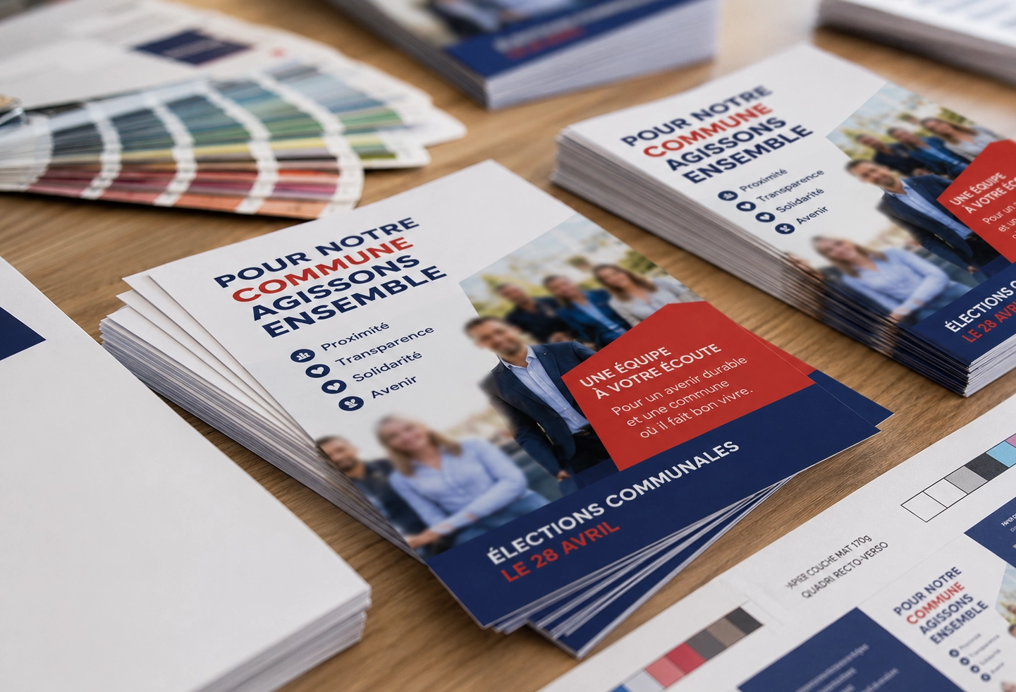Flyer électoral distribué dans une boîte aux lettres lors d’une campagne communale de proximité.