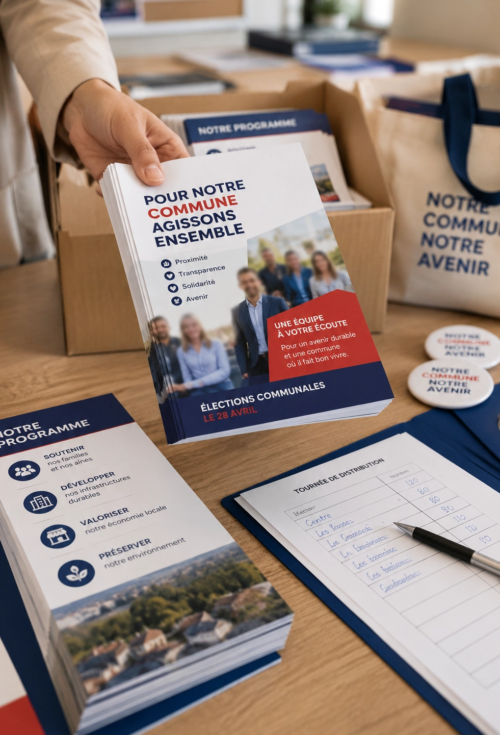 Flyers électoraux imprimés pour une campagne communale, posés sur une table de préparation avec matériel de distribution.