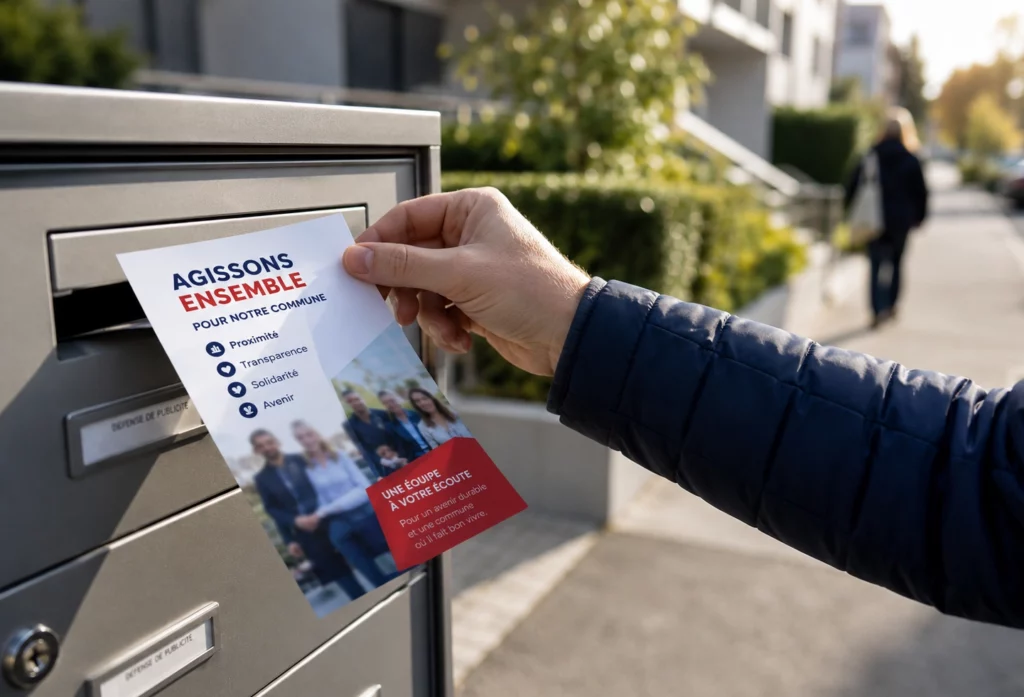 Gros plan sur des flyers électoraux imprimés, montrant la qualité du papier, les couleurs et les finitions.