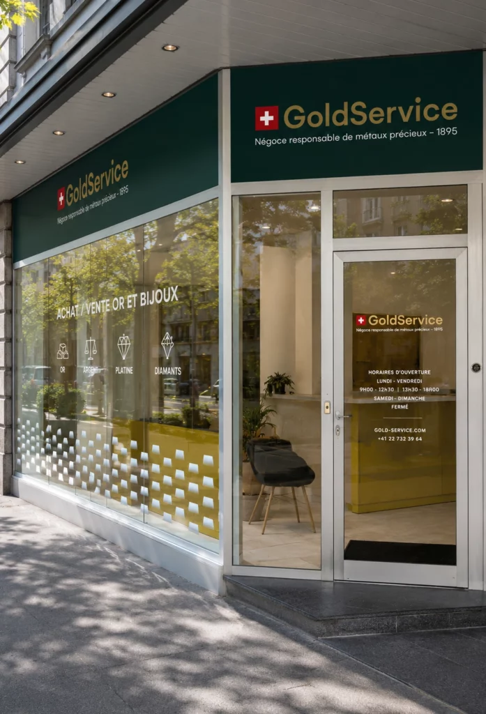 Habillage de vitrine permanent avec logo et marquage publicitaire.