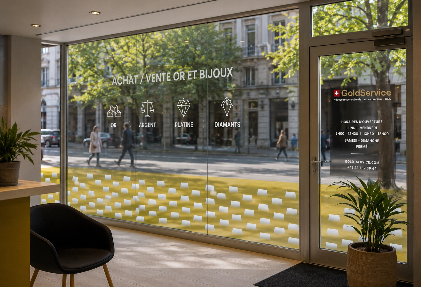 Vue intérieure d’une vitrine habillée avec éléments graphiques et adhésifs.