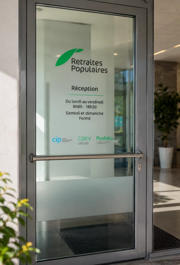 Porte d’entrée vitrée avec lettrage adhésif personnalisé indiquant l’accueil et les horaires d’ouverture.