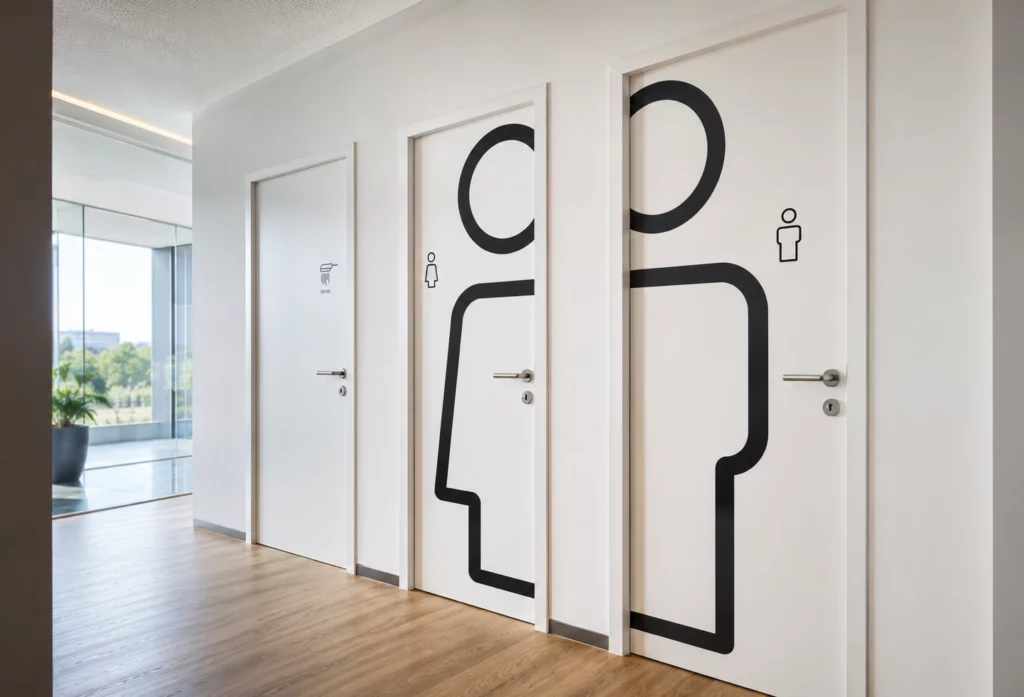 Lettrages adhésifs grand format appliqués sur des portes intérieures pour identifier des sanitaires dans un bâtiment professionnel.