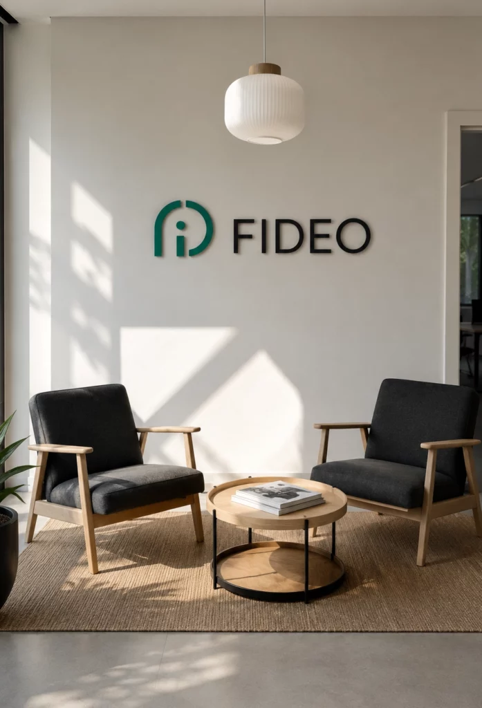 Logo d’entreprise réalisé en lettres PVC sur un mur intérieur.