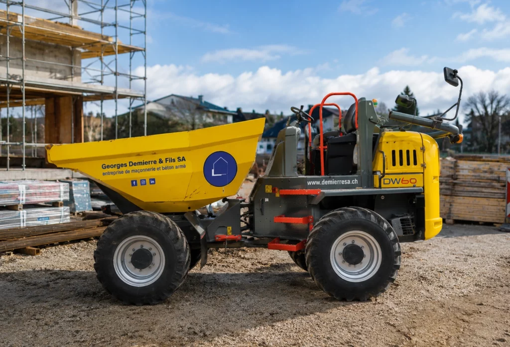 Machine de chantier marquée avec l’identité visuelle d’une entreprise sur un site de construction.
