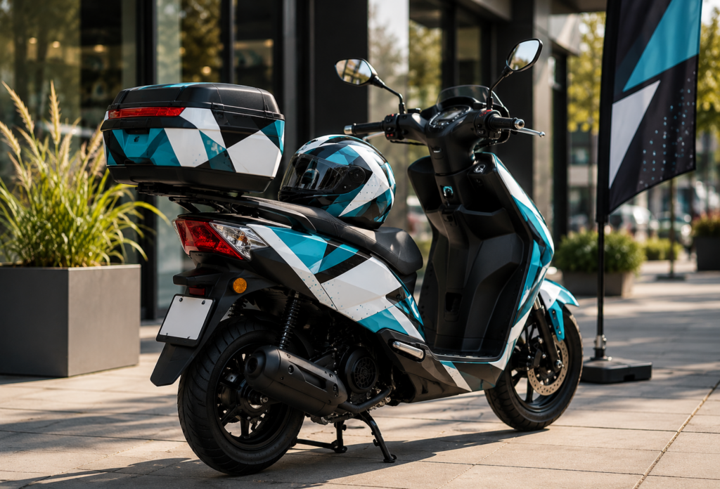 Moto ou scooter personnalisé avec marquage publicitaire lors d’un événement local.