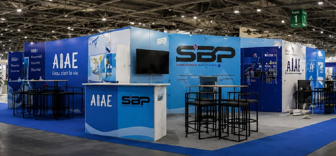 Stand d’exposition haut de gamme avec moquette événementielle bleue dans un salon professionnel en Suisse.