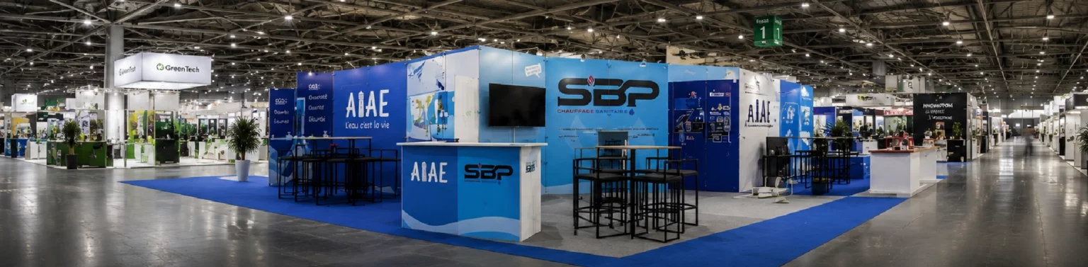 Stand d’exposition haut de gamme avec moquette événementielle bleue dans un salon professionnel en Suisse.