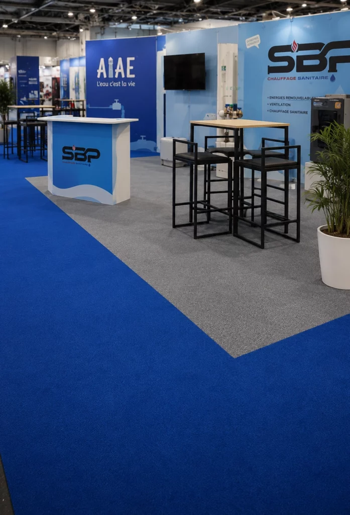 Stand professionnel équipé d’une moquette événementielle bleue et grise lors d’un salon professionnel.