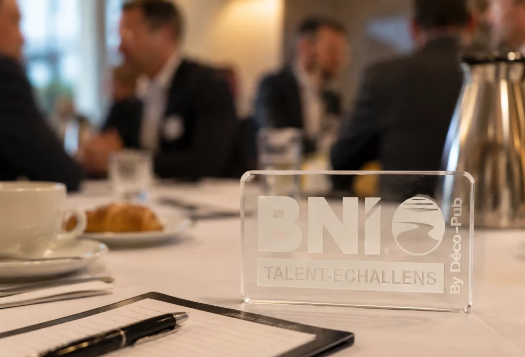 Objet promotionnel en plexiglas gravé au laser pour BNI Talent-Échallens par Déco-Pub.
