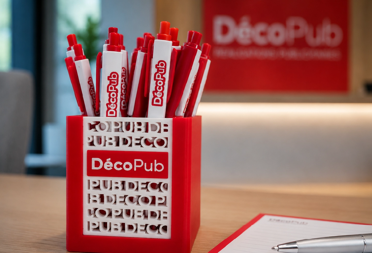 Pot à crayons personnalisé réalisé en impression 3D avec logo Déco-Pub pour l'organisation d'un espace de travail.