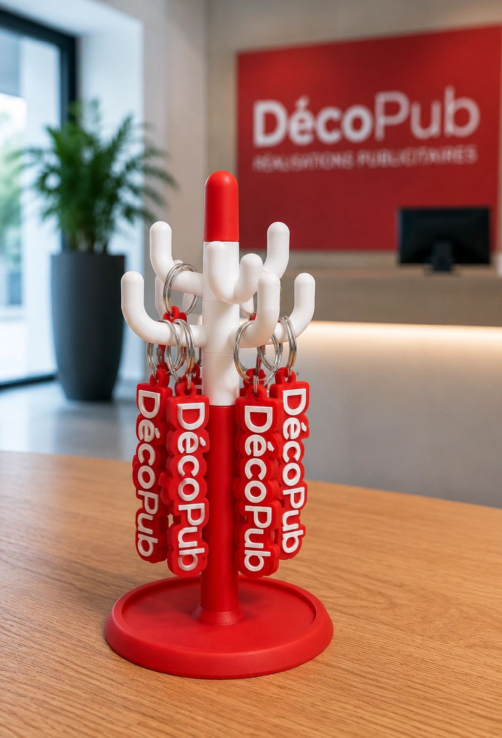 Porte-clés personnalisés imprimés en 3D avec logo d'entreprise présentés sur un support de bureau.