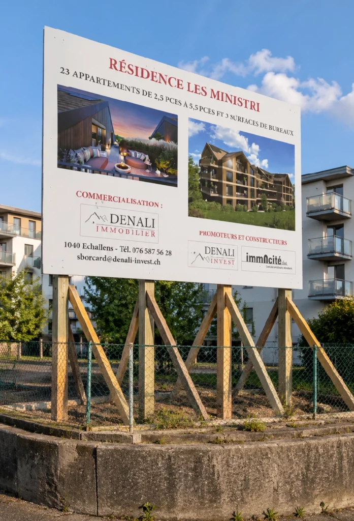 Panneau de chantier grand format présentant un programme immobilier résidentiel.