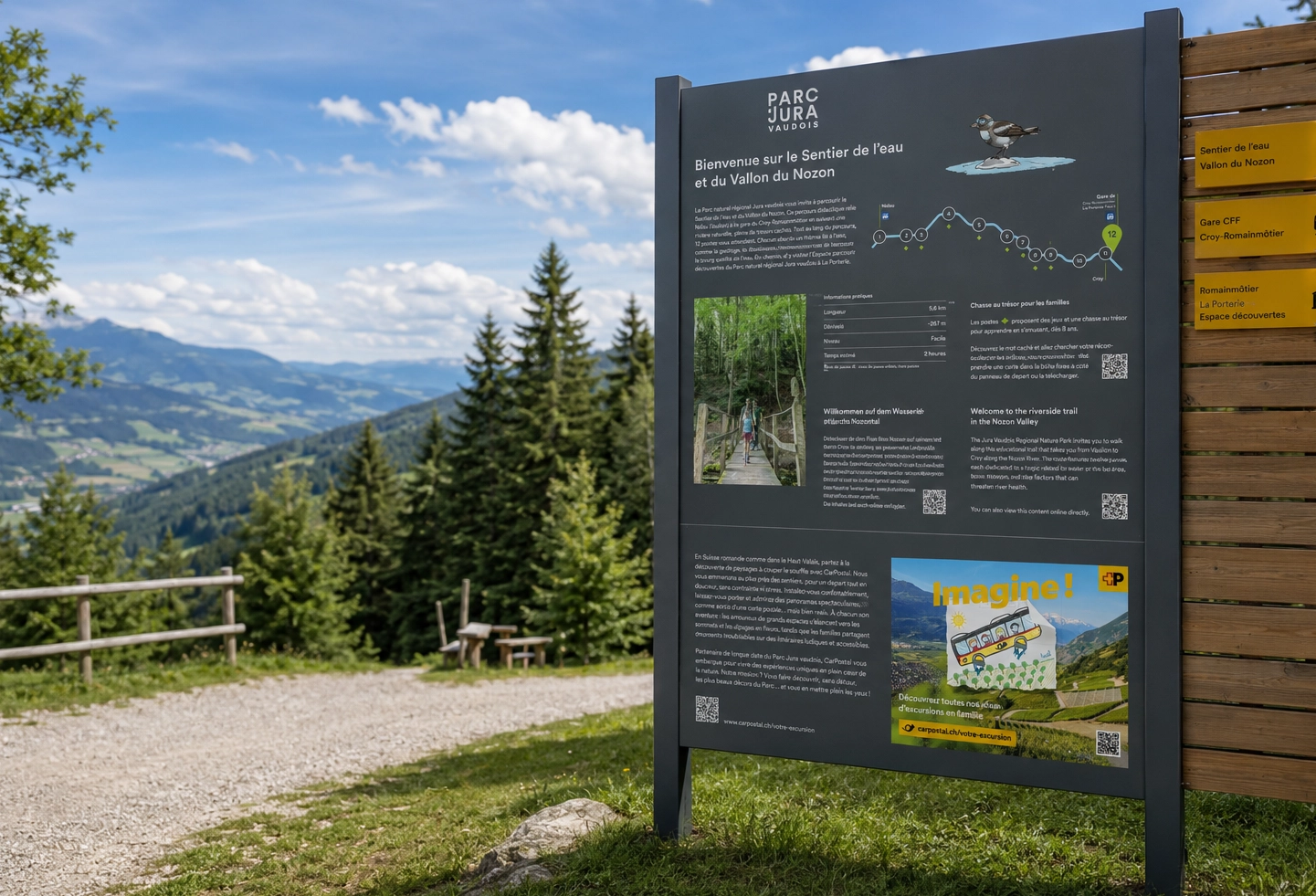 Panneau didactique installé sur un sentier nature et consulté par des visiteurs.