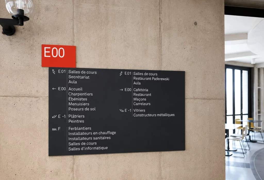 Panneau d'information mural fixé sur un mur en béton dans un bâtiment professionnel.