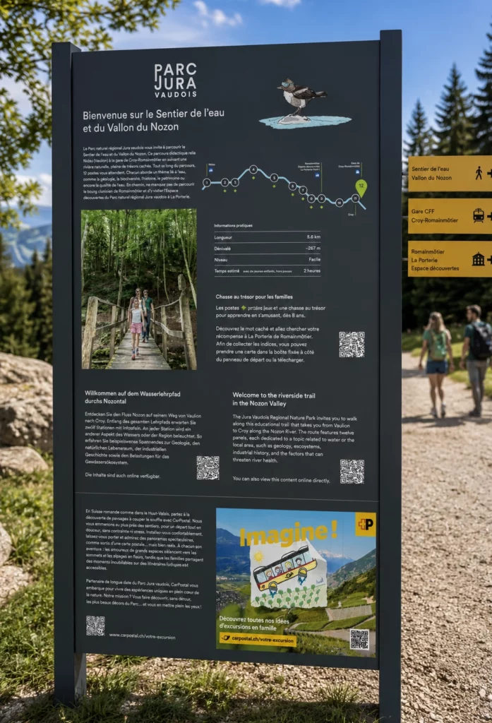 Panneau didactique installé sur un sentier nature et consulté par des visiteurs.