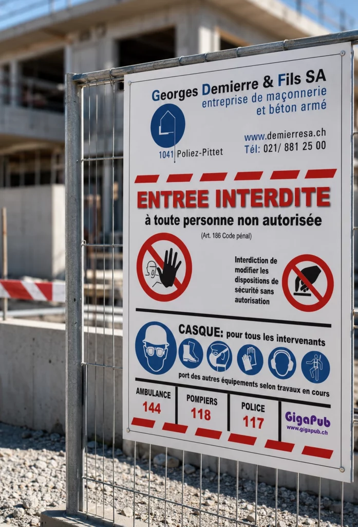 Panneau de sécurité à l’entrée d’un chantier indiquant les équipements de protection individuelle obligatoires.