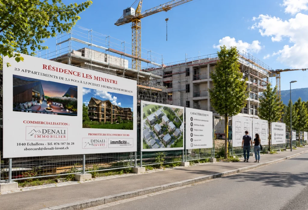 Panneau de chantier installé devant un projet immobilier en cours de réalisation.